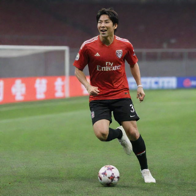 Takuma Minamino, the football player, in a miniature YouTube frame celebrating after scoring two goals in an eFootball mobile game.