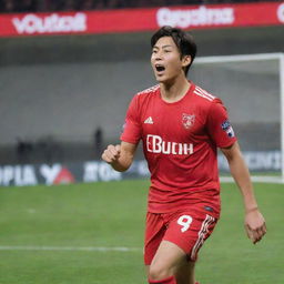 Takuma Minamino, the football player, in a miniature YouTube frame celebrating after scoring two goals in an eFootball mobile game.