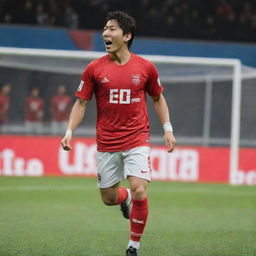 Takuma Minamino, the football player, in a miniature YouTube frame celebrating after scoring two goals in an eFootball mobile game.