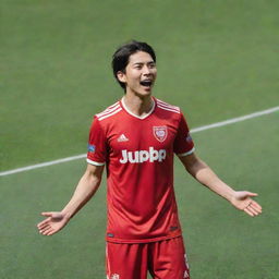 Takuma Minamino, the football player, in a miniature YouTube frame celebrating after scoring two goals in an eFootball mobile game.