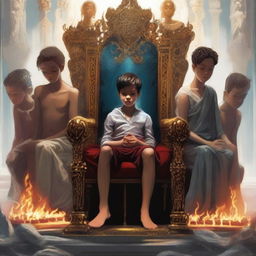 A digital art image of high quality depicting a boy sitting arrogantly on a throne