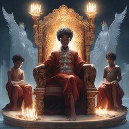 A digital art image of high quality depicting a boy sitting arrogantly on a throne