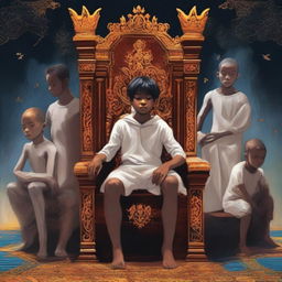 A digital art image of high quality depicting a boy sitting arrogantly on a throne