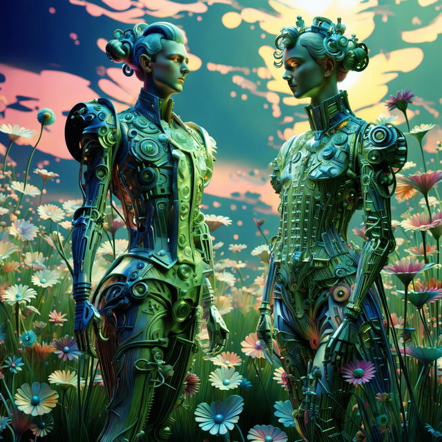 Hyper-realistic 3D rococo cyberpunk image of an eerie robotic man and woman in a vibrant, mythical meadow with a mechanical aesthetic and fantasy vibes.