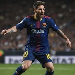 A professional, detailed, dynamic portrait of Lionel Messi in action on the football field.