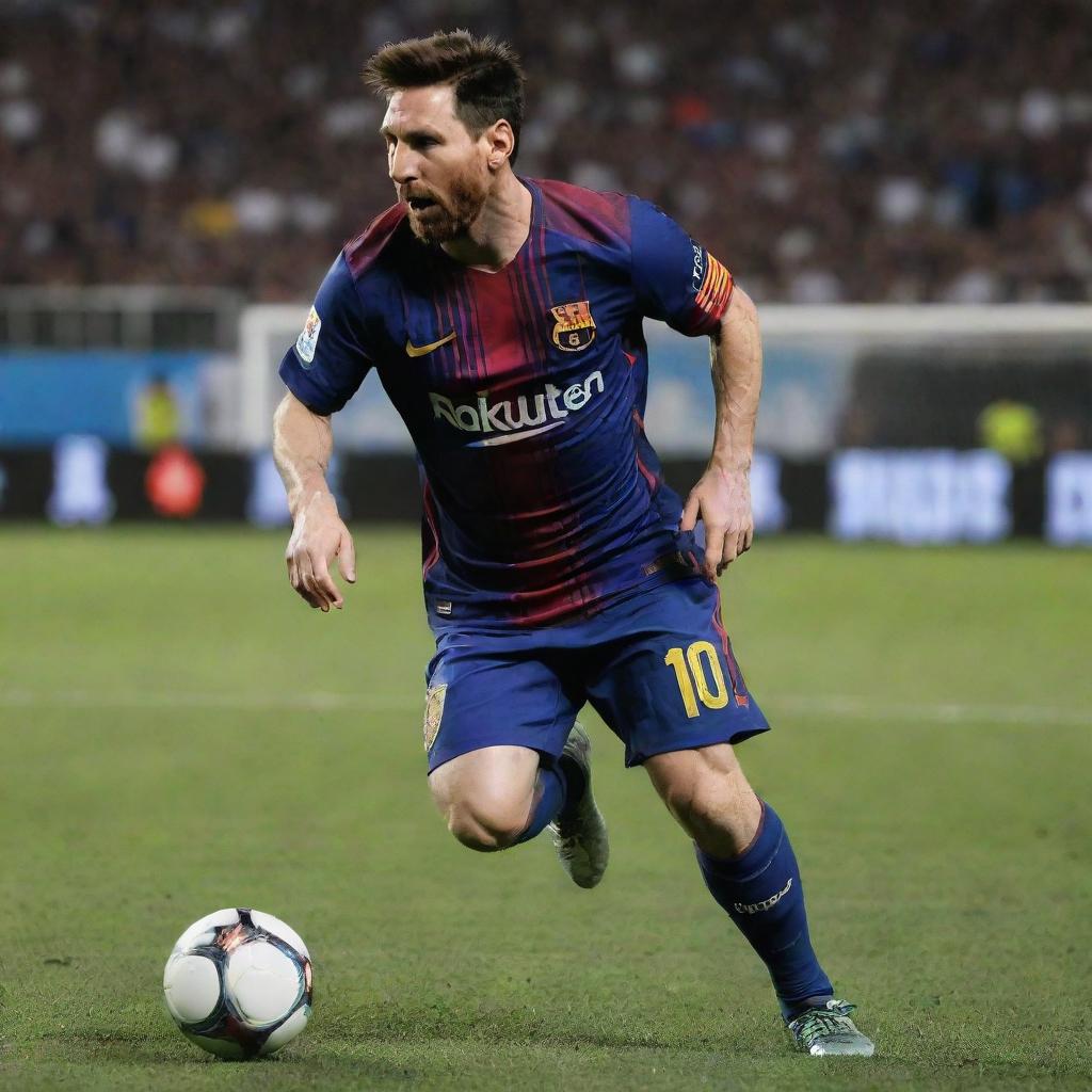 A professional, detailed, dynamic portrait of Lionel Messi in action on the football field.