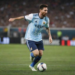 A professional, detailed, dynamic portrait of Lionel Messi in action on the football field.