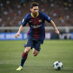 A professional, detailed, dynamic portrait of Lionel Messi in action on the football field.