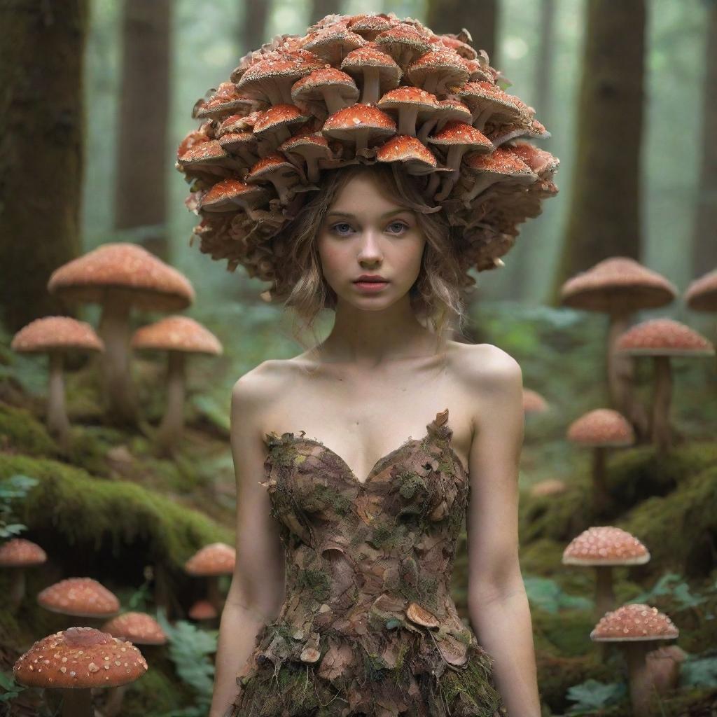 A high-definition image of a fairy girl who embodies the essence of mushrooms, with a dress made out of mushroom caps and a crown of tiny mushroom caps on her head, surrounded by an enchanting mushroom forest.