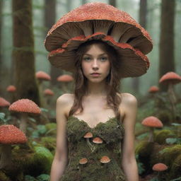 A high-definition image of a fairy girl who embodies the essence of mushrooms, with a dress made out of mushroom caps and a crown of tiny mushroom caps on her head, surrounded by an enchanting mushroom forest.