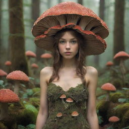 A high-definition image of a fairy girl who embodies the essence of mushrooms, with a dress made out of mushroom caps and a crown of tiny mushroom caps on her head, surrounded by an enchanting mushroom forest.