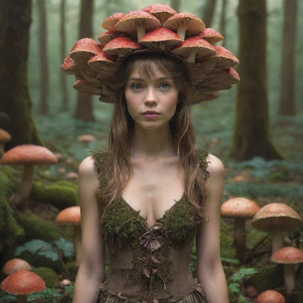 A high-definition image of a fairy girl who embodies the essence of mushrooms, with a dress made out of mushroom caps and a crown of tiny mushroom caps on her head, surrounded by an enchanting mushroom forest.