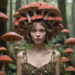 A high-definition image of a fairy girl who embodies the essence of mushrooms, with a dress made out of mushroom caps and a crown of tiny mushroom caps on her head, surrounded by an enchanting mushroom forest.