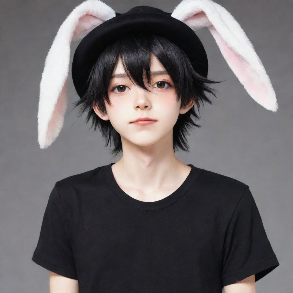 A white-skinned anime boy with messy black hair, wearing a bunny hat and a black shirt.