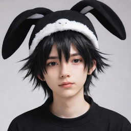 A white-skinned anime boy with messy black hair, wearing a bunny hat and a black shirt.