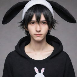 A white-skinned anime boy with messy black hair, wearing a bunny hat and a black shirt.