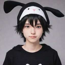 A white-skinned anime boy with messy black hair, wearing a bunny hat and a black shirt.