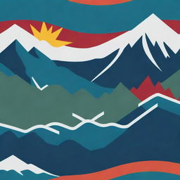 Generate a flag design featuring a mountain landscape, hydropower plants, and oil & gas industries.