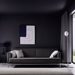 Modern living room with dark color scheme, minimalistic furniture, and sleek design.