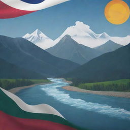 Generate a flag design featuring a mountain landscape, hydropower plants, and oil & gas industries.