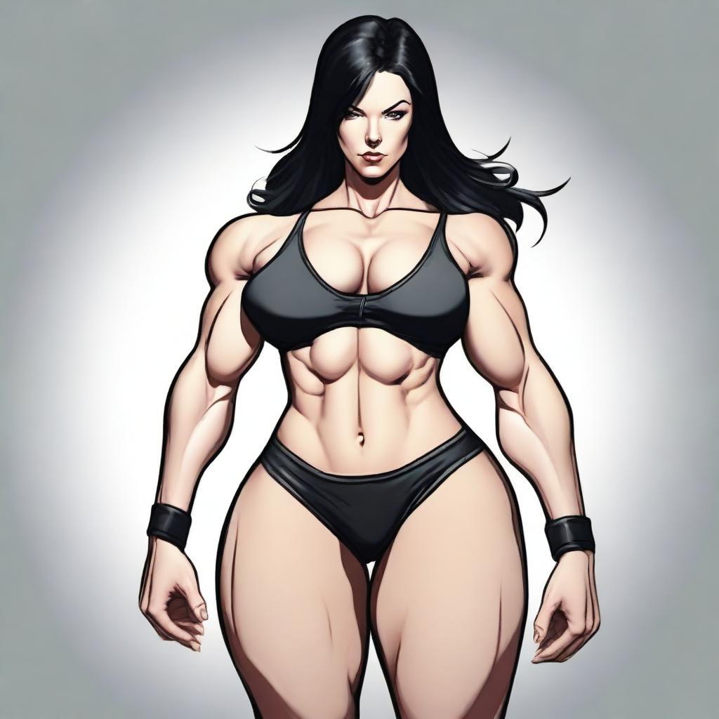 An illustration of a tall girl with pale skin and jet black hair