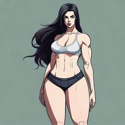 An illustration of a tall girl with pale skin and jet black hair