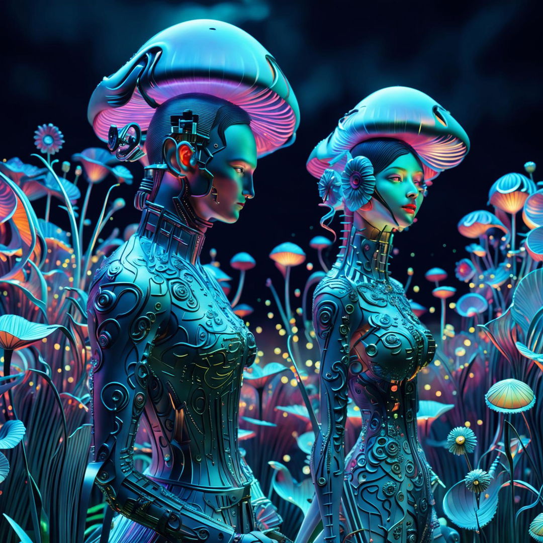 Hyper-realistic 3D rococo cyberpunk scene featuring an eerie robotic man and woman in a vibrant, mythical meadow filled with mechanical flowers and bioluminescent mushrooms. The image is a close-up, showcasing the intricate details of the characters and their surroundings.