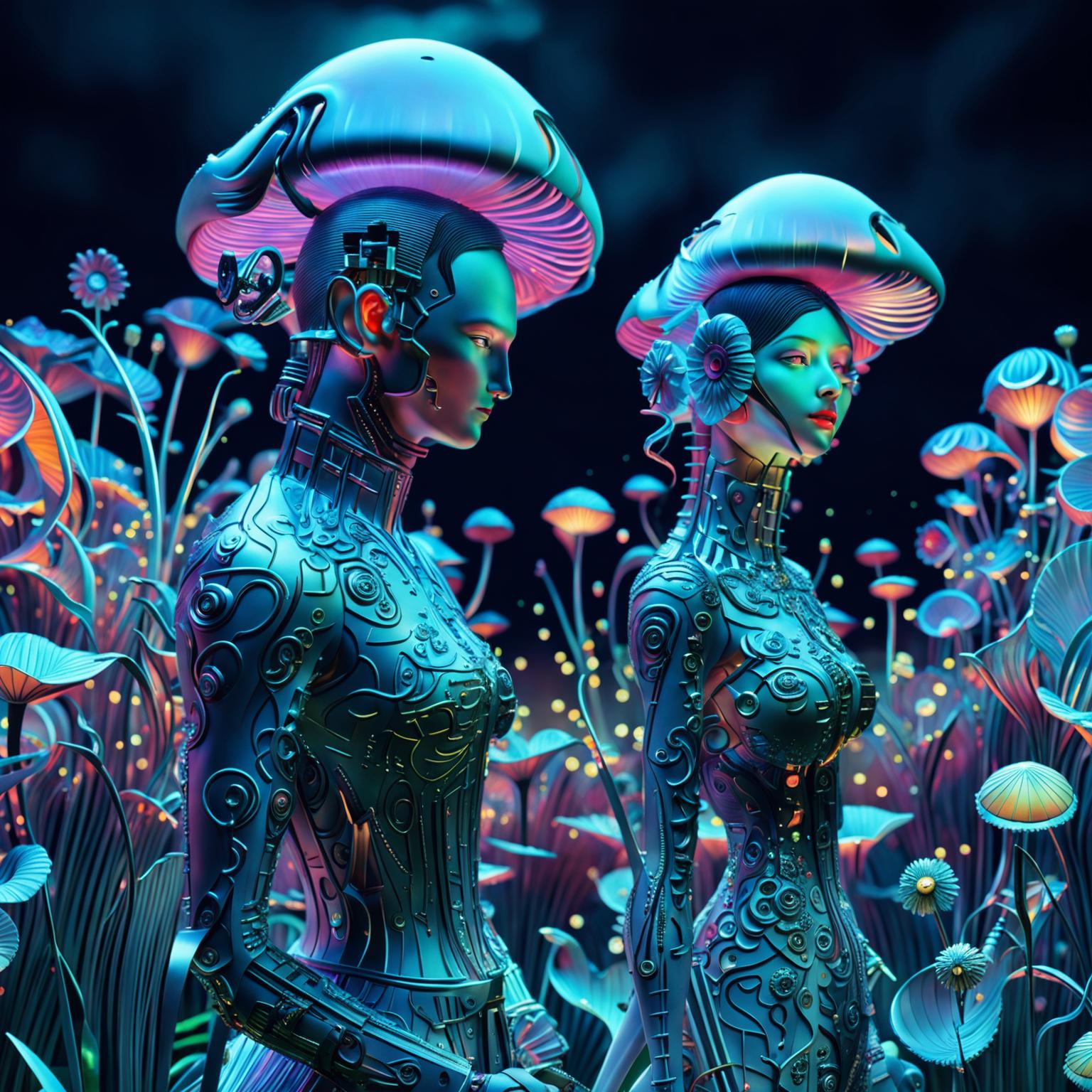 Hyper-realistic 3D rococo cyberpunk scene featuring an eerie robotic man and woman in a vibrant, mythical meadow filled with mechanical flowers and bioluminescent mushrooms. The image is a close-up, showcasing the intricate details of the characters and their surroundings.