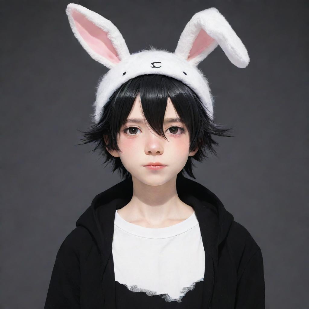 A stylistic anime inspired character, featuring a white-skinned boy with messy black hair. The character is depicted donning a whimsical bunny hat and a black shirt.