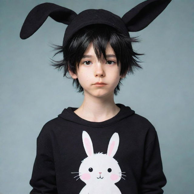 A stylistic anime inspired character, featuring a white-skinned boy with messy black hair. The character is depicted donning a whimsical bunny hat and a black shirt.