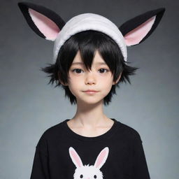 A stylistic anime inspired character, featuring a white-skinned boy with messy black hair. The character is depicted donning a whimsical bunny hat and a black shirt.