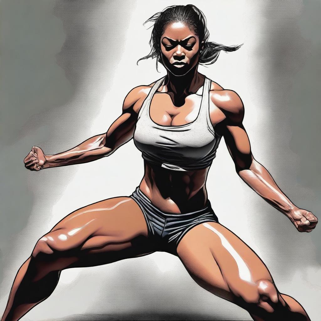 A high-quality digital art piece depicting a muscular girl performing a headscissor move