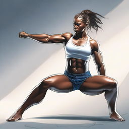 A high-quality digital art piece depicting a muscular girl performing a headscissor move