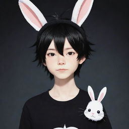 A stylistic anime inspired character, featuring a white-skinned boy with messy black hair. The character is depicted donning a whimsical bunny hat and a black shirt.