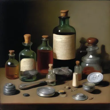 The artist meticulously painted a still life of different apothecary items, including a drachm bottle with its contents spilling out.