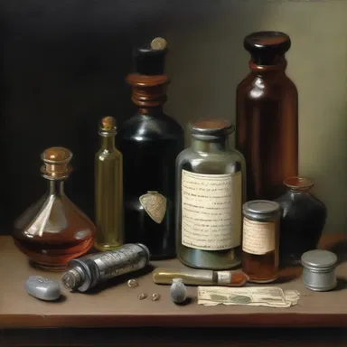 The artist meticulously painted a still life of different apothecary items, including a drachm bottle with its contents spilling out.