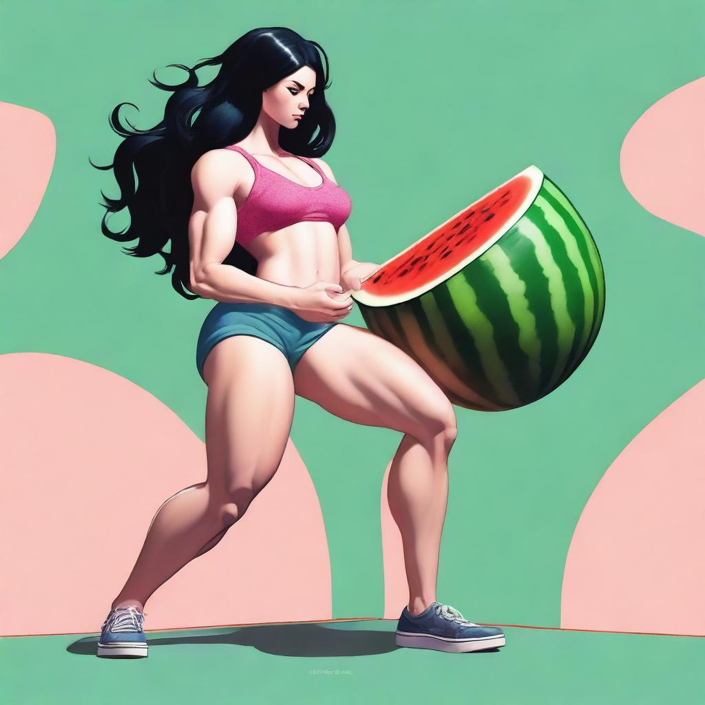 An image of a tall girl with pale skin and jet black hair, her large and muscular thighs and enormous, muscular, bulging calves squeezing a watermelon