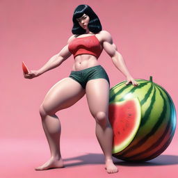 An image of a tall girl with pale skin and jet black hair, her large and muscular thighs and enormous, muscular, bulging calves squeezing a watermelon