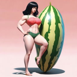 An image of a tall girl with pale skin and jet black hair, her large and muscular thighs and enormous, muscular, bulging calves squeezing a watermelon