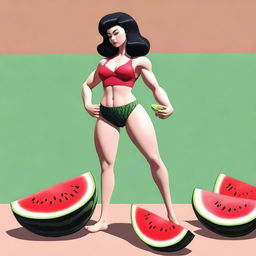 An image of a tall girl with pale skin and jet black hair, her large and muscular thighs and enormous, muscular, bulging calves squeezing a watermelon