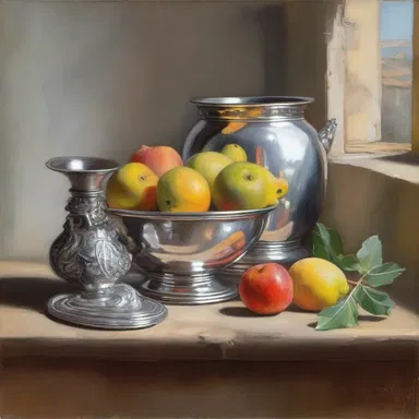 The artist created a stunning still life painting that included a silver drachm from ancient Rome.