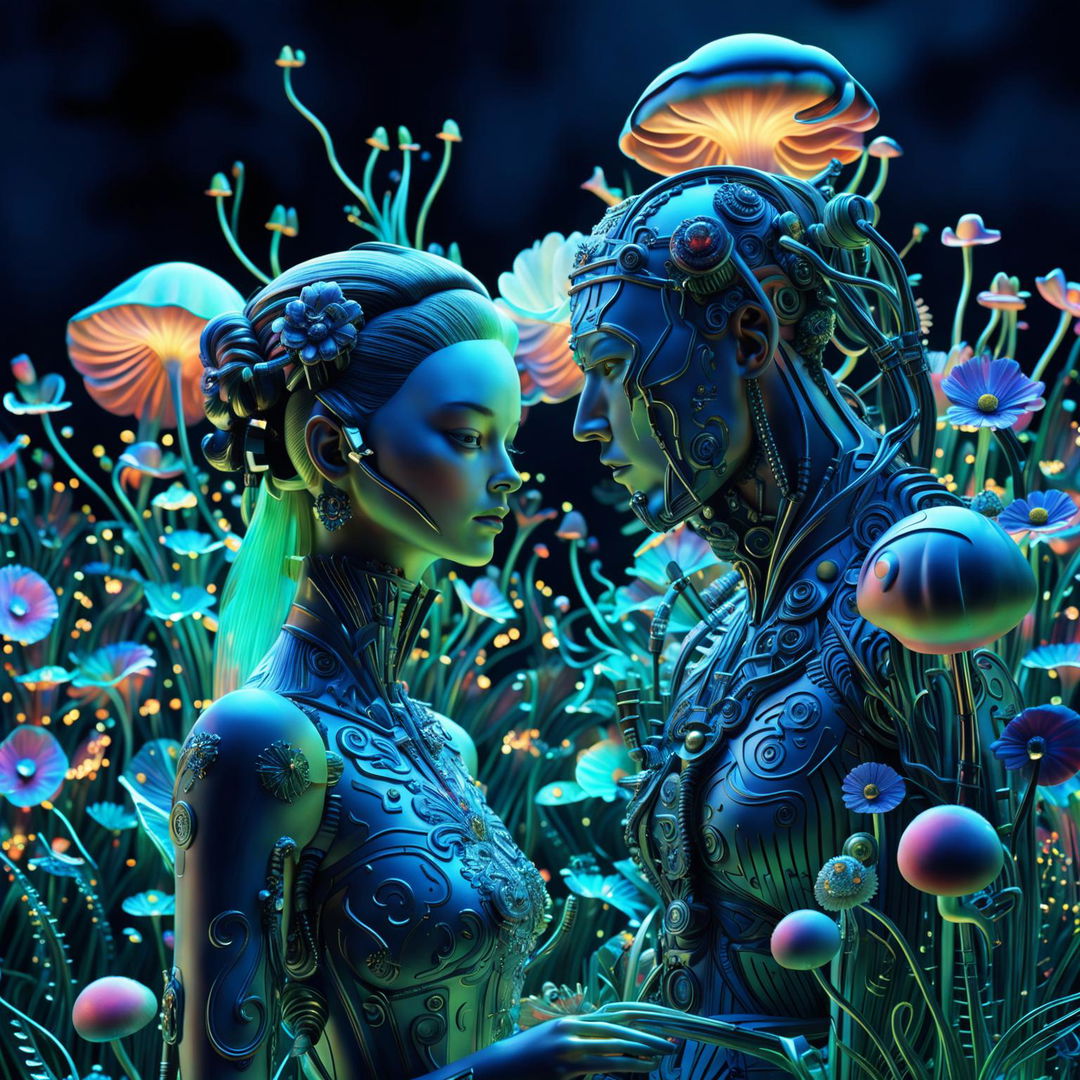 Hyper-realistic 3D rococo cyberpunk scene featuring an eerie robotic man and woman in a vibrant, mythical meadow filled with mechanical flowers and bioluminescent mushrooms. The image is a close-up, showcasing the intricate details of the characters and their surroundings.