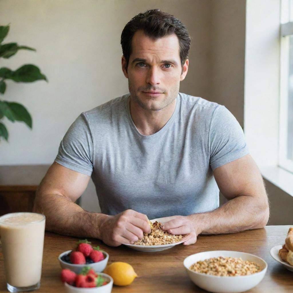 Henry Cavill, in daytime casual outfit, sitting at a breakfast table loaded with healthy food items such as fruits, cereals and coffee