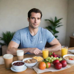 Henry Cavill, in daytime casual outfit, sitting at a breakfast table loaded with healthy food items such as fruits, cereals and coffee