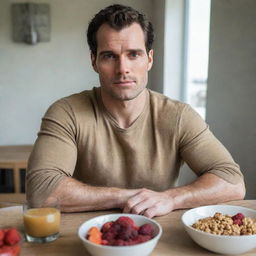 Henry Cavill, in daytime casual outfit, sitting at a breakfast table loaded with healthy food items such as fruits, cereals and coffee