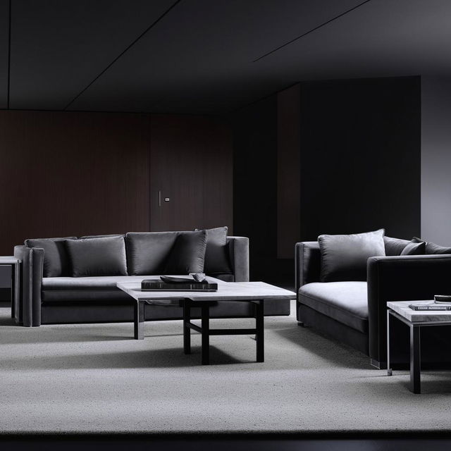 Modern living room with dark color scheme, minimalistic furniture, and sleek design.