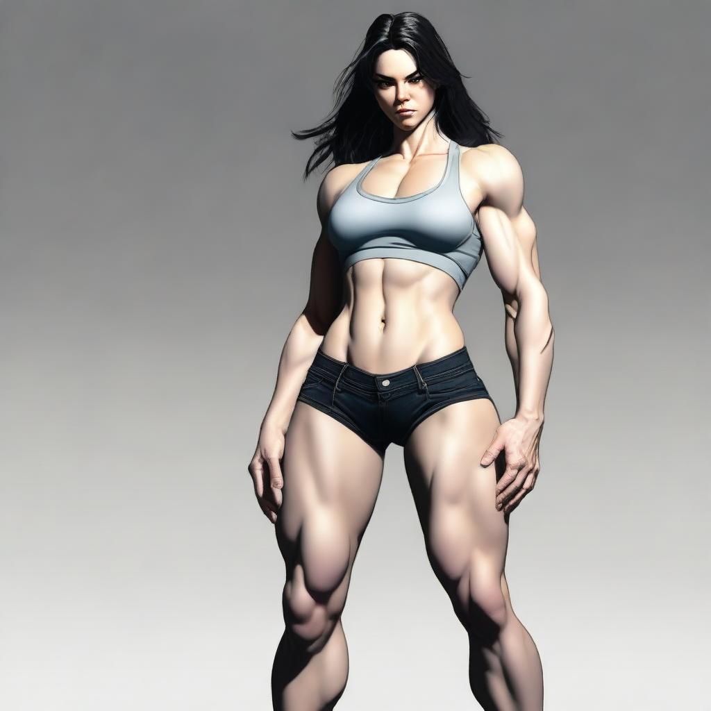 A high-quality digital art image portrays a tall girl with pale skin and jet black hair, flexing her large, muscular calves