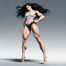 A high-quality digital art image portrays a tall girl with pale skin and jet black hair, flexing her large, muscular calves