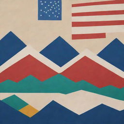 Create a flag design depicting elements such as mountains, hydroelectric power plants, oil and gas exploration, and roads in an artistic, cohesive and visually striking way.