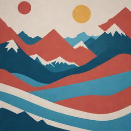 Create a flag design depicting elements such as mountains, hydroelectric power plants, oil and gas exploration, and roads in an artistic, cohesive and visually striking way.